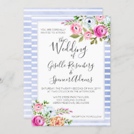 モダンフローラ水色ストライプ結婚式招待状 招待状