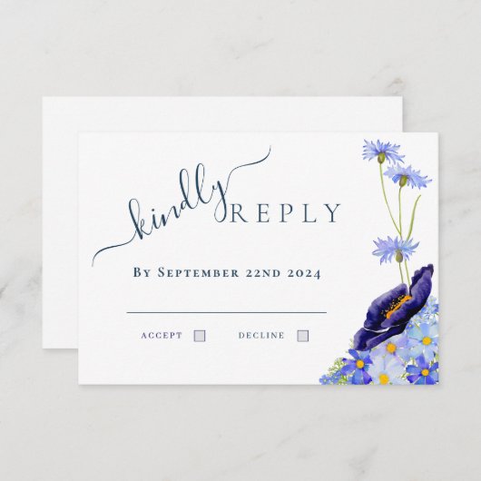 モダンフローラ水色ブルー結婚の返信 出欠カード (正面/裏面)