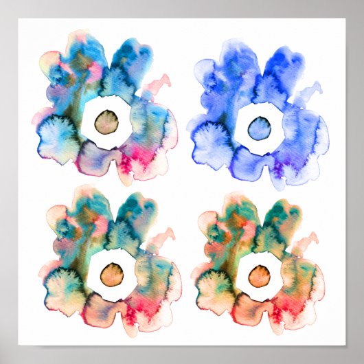 モダンフローラ水色手描きフラワーポスター ポスター (正面)