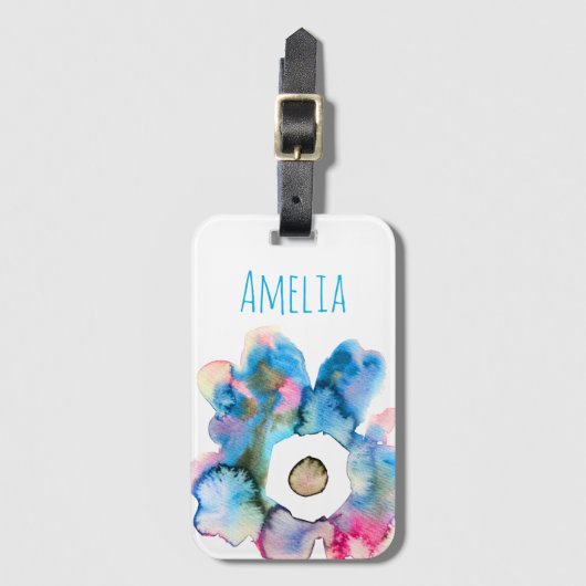 モダンフローラ水色手描き花 ラゲッジタグ (正面縦)