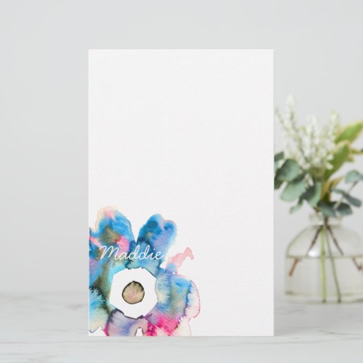 モダンフローラ水色手描き花 便箋 (スタンド正面)