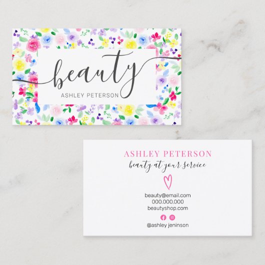 モダンフローラ水色美しいスクリプトフォント 名刺 (正面/裏面)