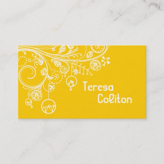 モダンフローラ渦巻き旋回と鳥の黄色 名刺 (正面)