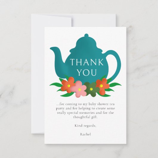 モダンフローラ男女兼用ティーポット赤ちゃんシャワー サンキューカード (正面)