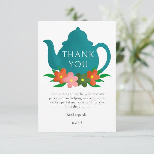 モダンフローラ男女兼用ティーポット赤ちゃんシャワー サンキューカード (スタンド正面)