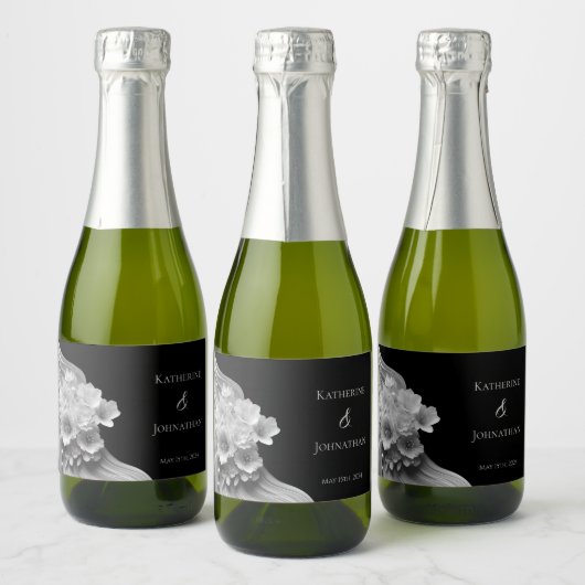 モダンフローラ白黒 スパークリングワインラベル (ボトル)