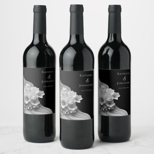 モダンフローラ白黒 ワインラベル (ボトル)