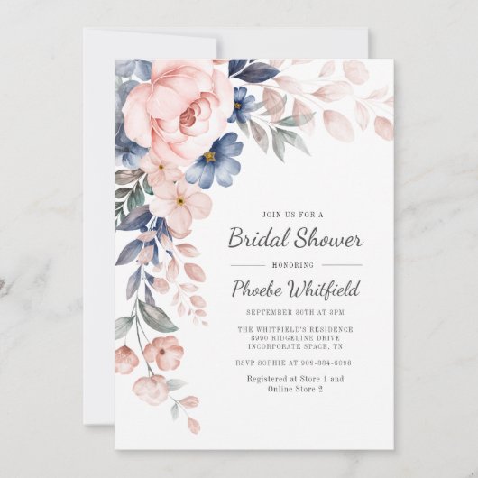 モダンフローラ素朴ピンクブルーブライダルシャワー 招待状 (正面)