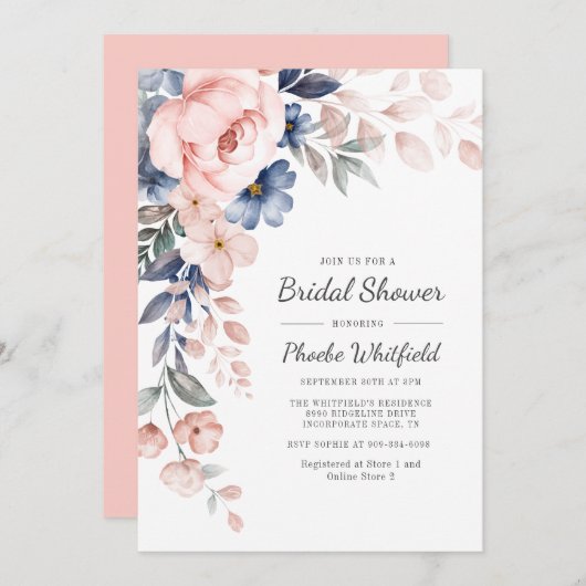モダンフローラ素朴ピンクブルーブライダルシャワー 招待状 (正面/裏面)