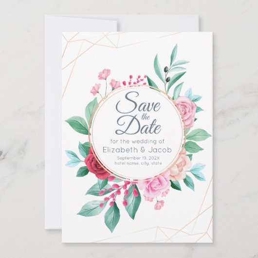 モダンフローラ結婚ズピンクローズ&ユーカリプタス 招待状 (正面)