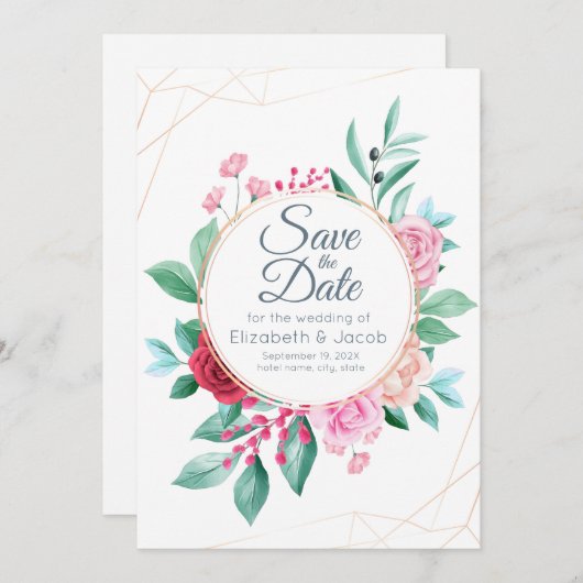 モダンフローラ結婚ズピンクローズ&ユーカリプタス 招待状 (正面/裏面)