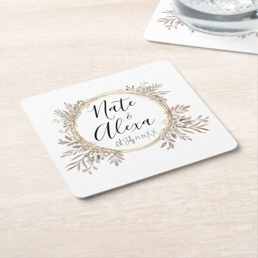 モダンフローラ結婚リースパーソナライズされた スクエアペーパーコースター (アングル)