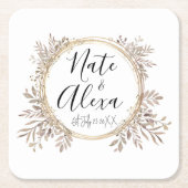 モダンフローラ結婚リースパーソナライズされた スクエアペーパーコースター (正面)