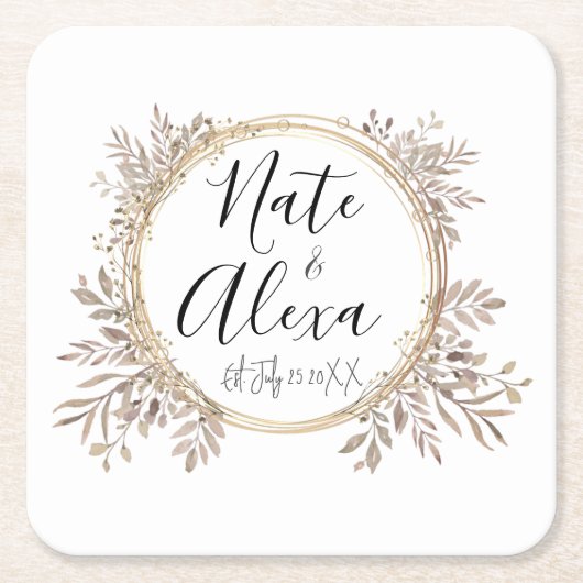 モダンフローラ結婚リースパーソナライズされた スクエアペーパーコースター (正面)