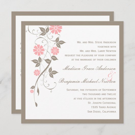 モダンフローラ結婚式招待状-ソフトピンク 招待状 (正面/裏面)