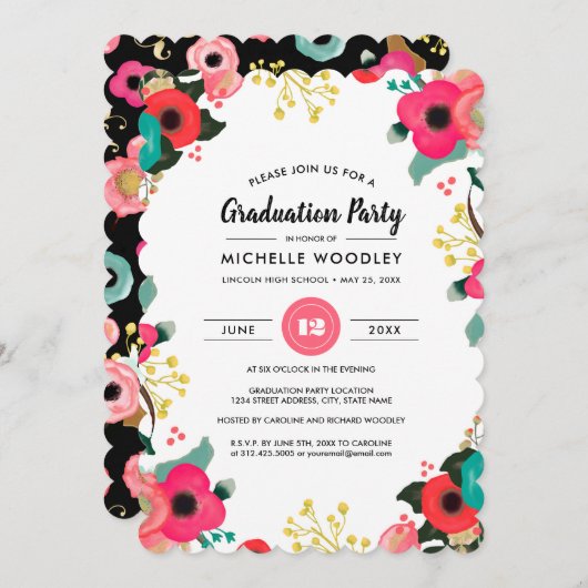 モダンフローラ絵を描のカスタム卒業党 招待状 (正面/裏面)