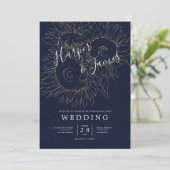 モダンフローラ線ひまわり色ネイビー結婚ブルー 招待状 (スタンド正面)