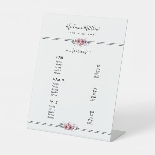 モダンフローラ署名ホワイトサロンサービスメニュー 台座サイン (正面)
