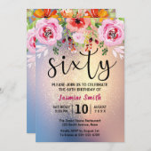 モダンフローラ金ゴールドグリッター60誕生日 招待状 (正面/裏面)