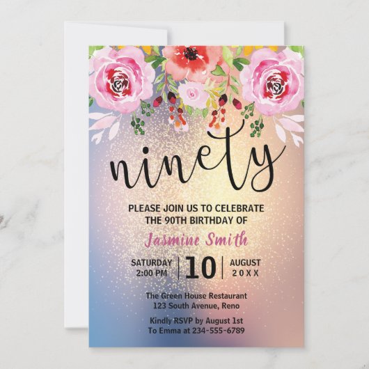 モダンフローラ金ゴールドグリッター90誕生日 招待状 (正面)