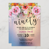 モダンフローラ金ゴールドグリッター90誕生日 招待状 (正面/裏面)