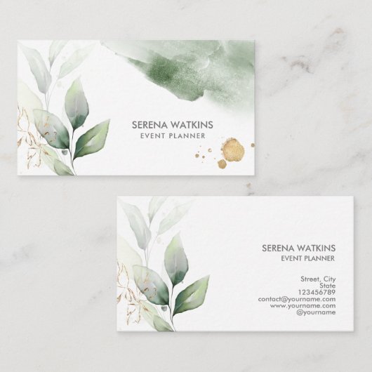 モダンフローラ離れの緑の水の色金ゴールド 名刺 (正面/裏面)