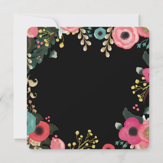 モダンフローラ黒 |ピンク |ティール(緑がかった色)結婚ズ 招待状 (裏面)