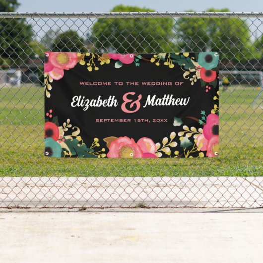 モダンフローラ黒 |ピンク |ティール（緑がかった色）結婚ズ 横断幕 (インサイチュ)