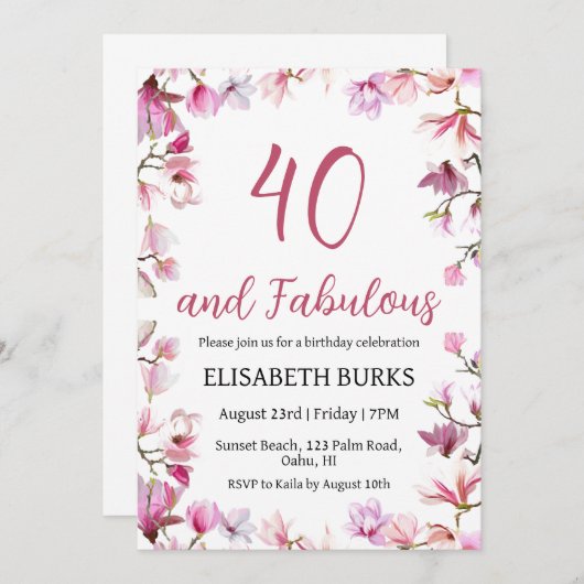 モダンフローラ40歳の誕生日招待状 招待状 (正面/裏面)
