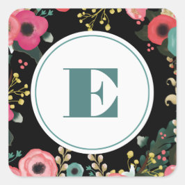 モダンフローラ |ピンク |ティール（緑がかった色）モノグラム結婚ズ スクエアシール