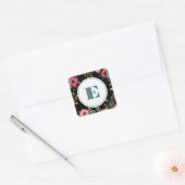 モダンフローラ |ピンク |ティール(緑がかった色)モノグラム結婚ズ スクエアシール (封筒)