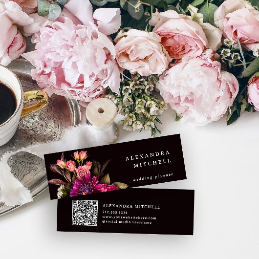 モダンフローラ |暗カラフル色とエレガントQRコード スキニー名刺