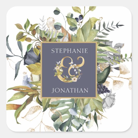 モダンフローラ |青と緑(アンパサンド付結婚き) スクエアシール (正面)