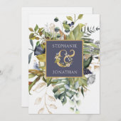 モダンフローラ |青と緑(アンパサンド付結婚き) 招待状 (正面/裏面)