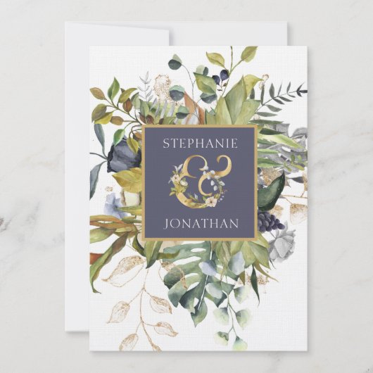 モダンフローラ |青と緑(アンパサンド付結婚き) 招待状 (正面)