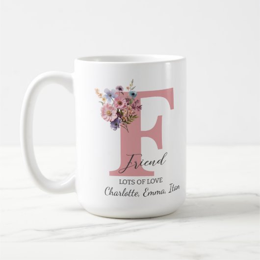 モダンフローラF – 名パーソナライズされた前 コーヒーマグカップ (左)