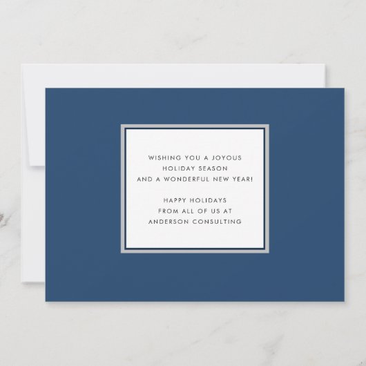 モダンブエレガントルーバードハッピーホリデーズビジネス シーズンカード (裏面)