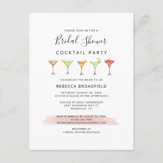 モダンブライダルシャワーカクテルパーティー インビテーションポストカード (正面)