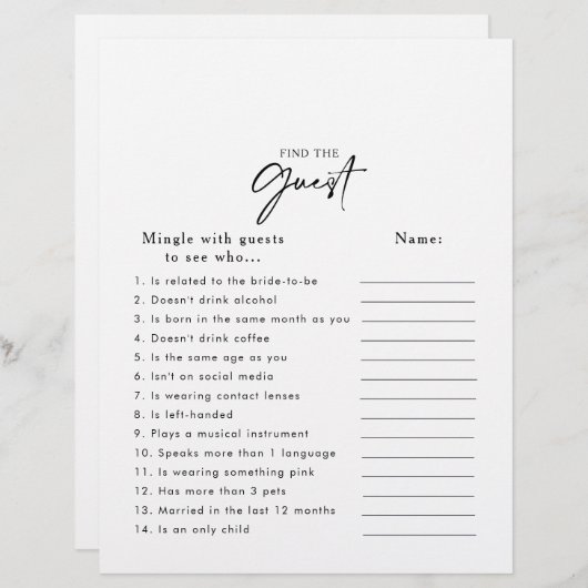 モダンブライダルシャワーゲストゲームの検索 (正面/裏面)