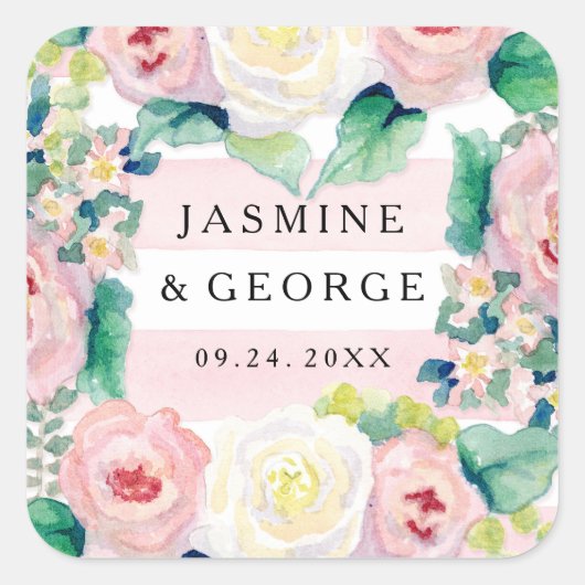 モダンブライダルシャワーシックワイドストライプバラ スクエアシール (正面)