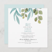 モダンブライダルシャワーティール（緑がかった色）リーフ正方形 招待状 (正面/裏面)
