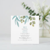 モダンブライダルシャワーティール（緑がかった色）リーフ正方形 招待状 (スタンド正面)