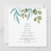 モダンブライダルシャワーティール(緑がかった色)リーフ正方形 招待状 (正面)