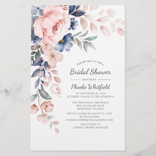 モダンブライダルシャワーピンクフローラ招待状カード 便箋 (正面)