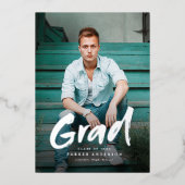 モダンブラシスクリプトの写真付き卒業発表 箔招待状 (正面)