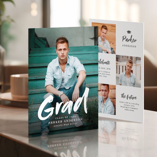 モダンブラシスクリプトの写真付き卒業発表 箔招待状