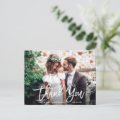 モダンブラシスクリプト結婚式写真サンクス ホワイト ポストカード (スタンド正面)