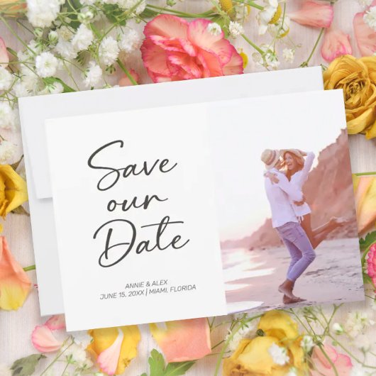モダンブラシスクリプト2枚の写真の結婚式 セーブザデート