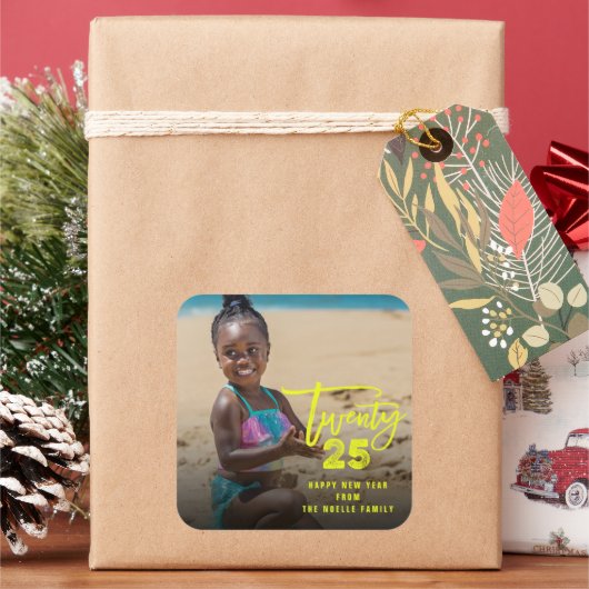 モダンブラシスクリプト2025 タイポグラフィー 新年の写真 スクエアシール (クリスマス)