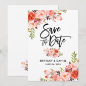 モダンブラシスクリプト コーラル フラワーリ セーブザデート (正面/裏面)